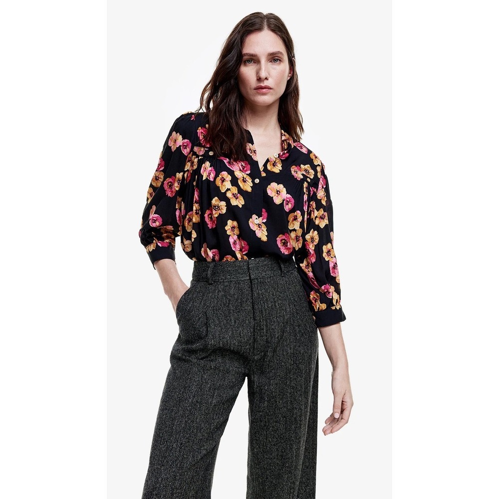 SMYTHE Shirred Pocket Blouse Black Pink Floral Oversized Lightweight Small Chic
